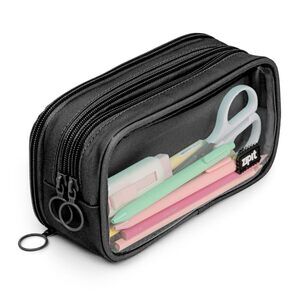 NWT ZIPIT Half & Half Pencil Case, 3-Compartment Zipper Pouch Black